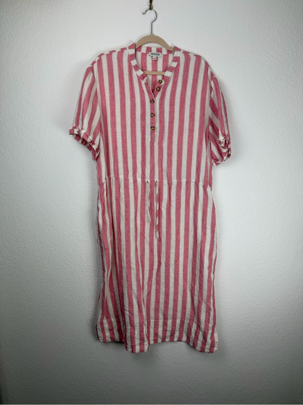 Jaeger Shop Pure Linen Striped Midi Waisted Dress Pink white 18/Large - Picture 4 of 14
